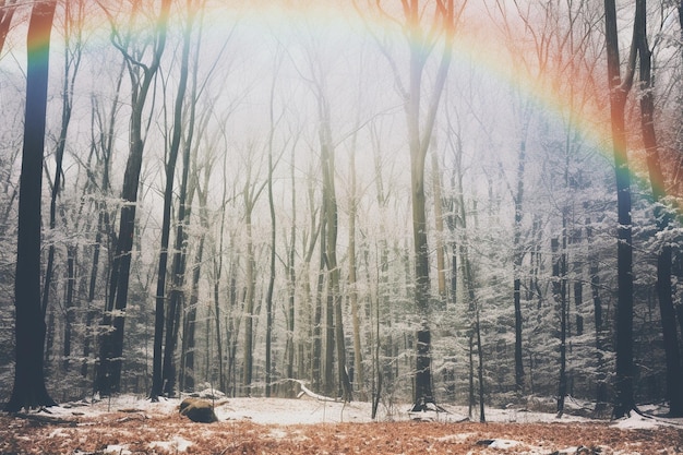 A rainbow appearing over a snowy forest