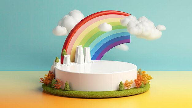 A rainbow appears on a 3d model of a city.