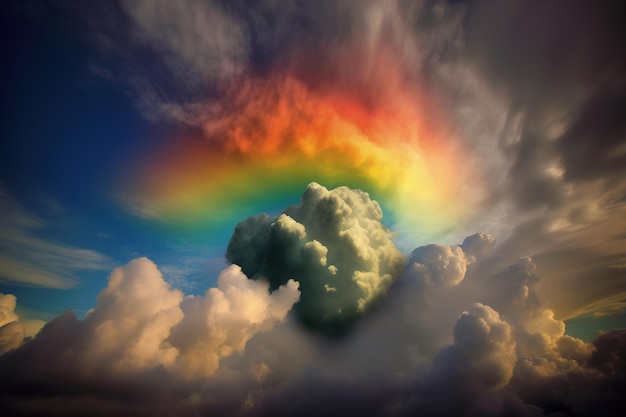 A rainbow appears to be in the sky above some clouds generative AI