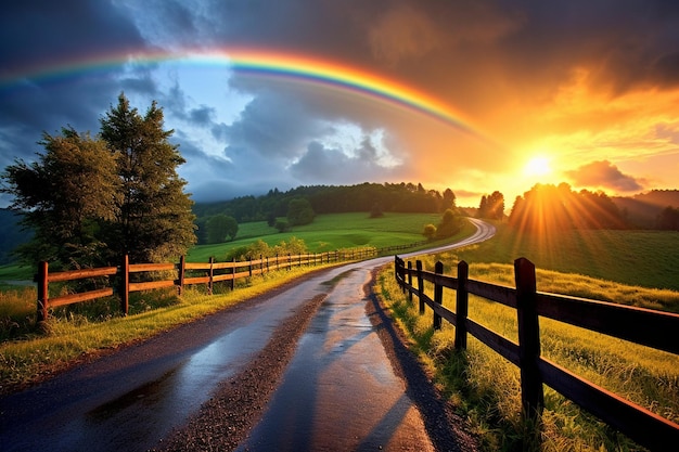 A rainbow arching over a country road at sunrise