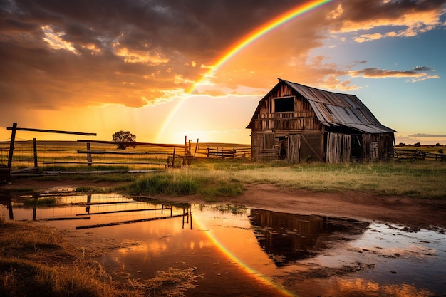 A rainbow arching over a rural farmhouse