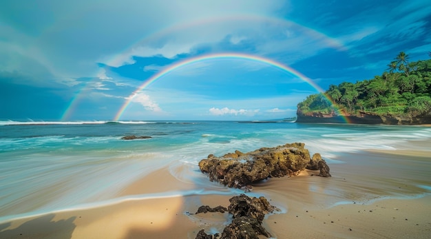 Rainbow Arcing Over a Tropical Beach with Rocky Shoreline