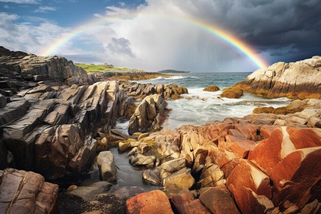 Rainbow Arising From a Rocky Shore