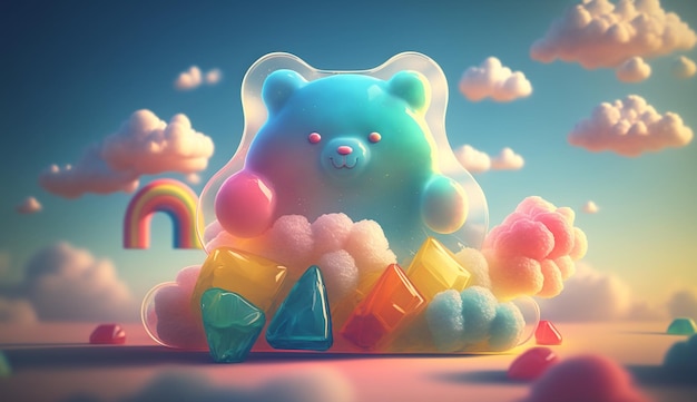 A rainbow bear sits in front of a rainbow