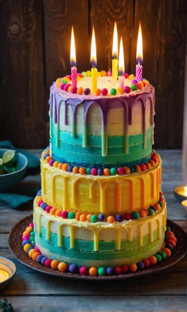 Rainbow birthday cake decorated with candles