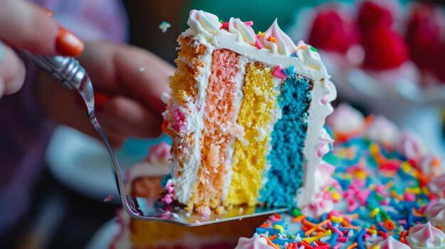 Photo rainbow birthday cake it is decorated with white frosting and rainbow sprinkles the cake is being cut into slices