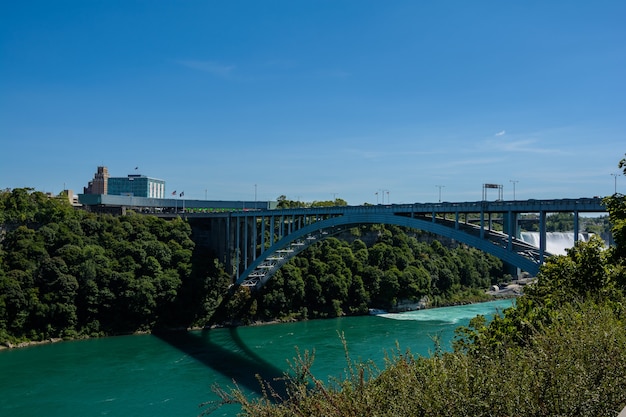 The Rainbow Bridge spans the Niagara River and is a border crossing that joins Niagara Falls Ontario Canada to Niagara Falls New York USA.