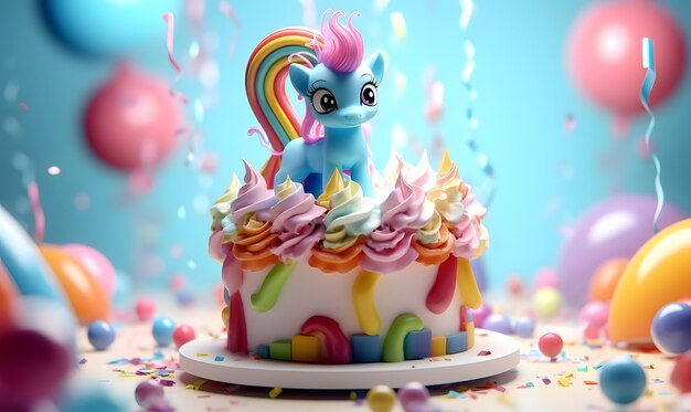 rainbow cake pony birthday light blue background