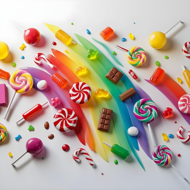 a rainbow candy display with candy and chocolate candy on it