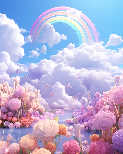 Rainbow Cartoon Sky Scene Wallpaper Photo Art