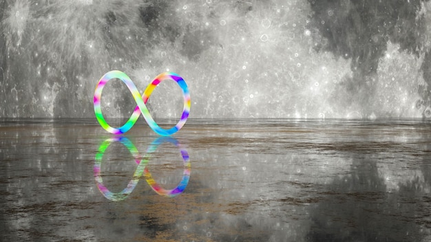 Rainbow color of infinity ring and its reflection on a wet concrete floor in a full moon night