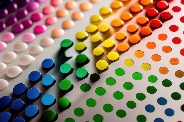 A rainbow colored background with different colored circles on the top.