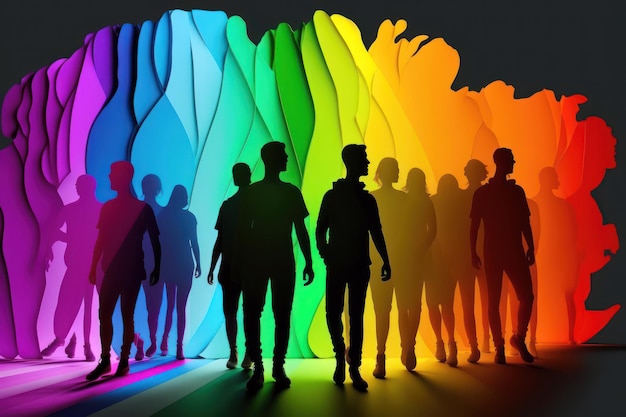 A rainbow colored background with people standing in front of it.