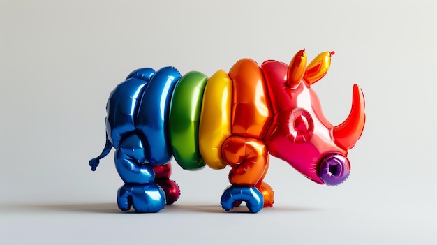 Photo a rainbow colored balloon rhino stands against a white background