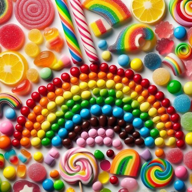 a rainbow colored candy is shown with a white candle