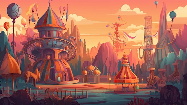 rainbow colored carnival with colorful tents rides and games cartoon illustration generative ai