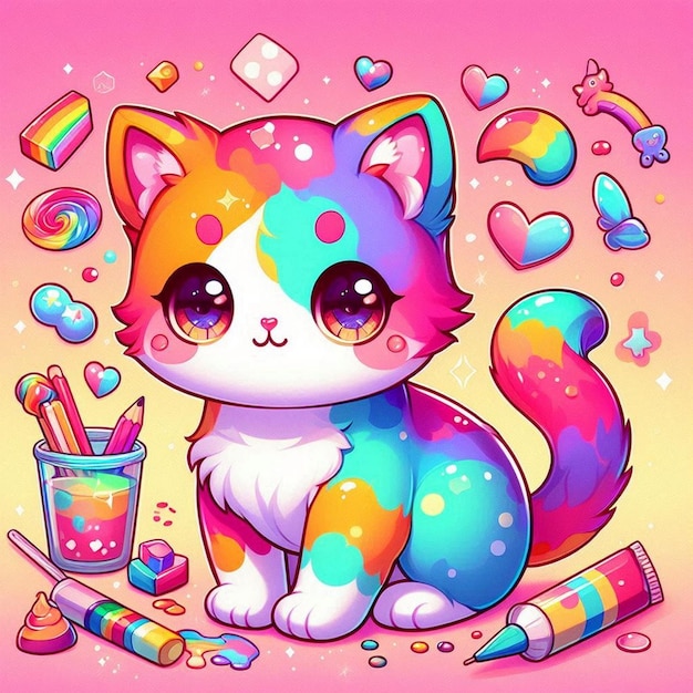 a rainbow colored cat is sitting next to a cup of paint and a rainbow