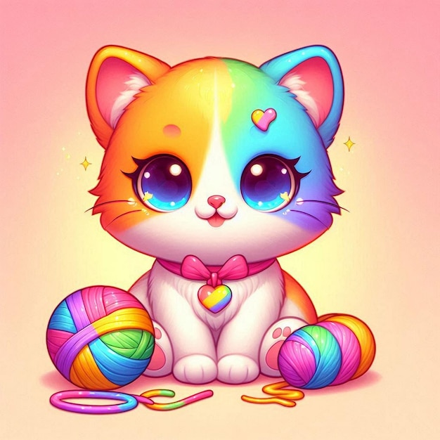 Photo a rainbow colored cat sits in front of a pink background with a rainbow colored egg