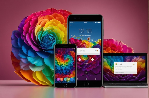 a rainbow colored cell phone is next to three phones