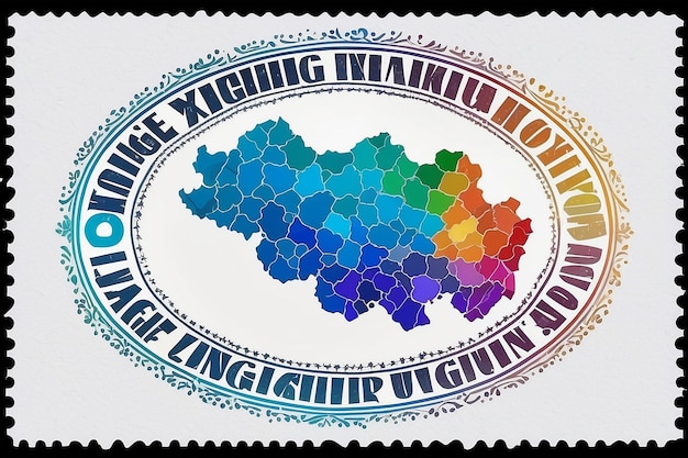 Rainbow colored dot Xinjiang Uyghur Region map and seal stamps Blue rounded