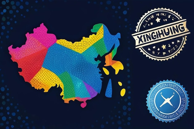 Rainbow colored dot Xinjiang Uyghur Region map and seal stamps Blue rounded