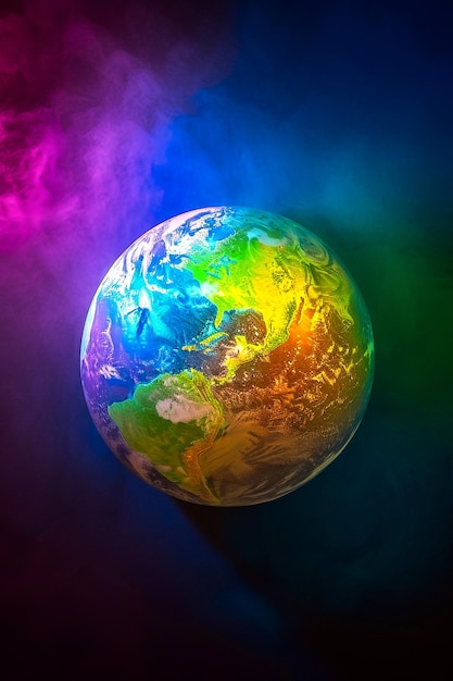 A rainbow colored earth with a black background