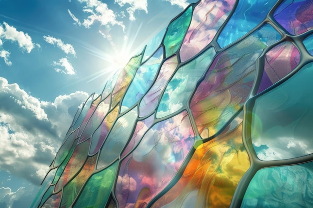 a rainbow colored glass sculpture is shown in this image