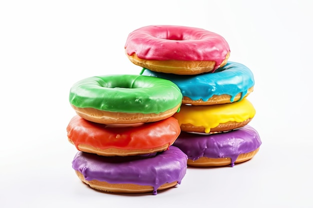 Rainbow Colored Glazed Donuts on white background AI generative