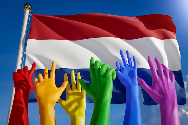 Rainbow colored hands from lgbt community over flag of Netherlands Dutch gay parade concept of pride freedom elections voting rainbow flag diversity 3D rendering