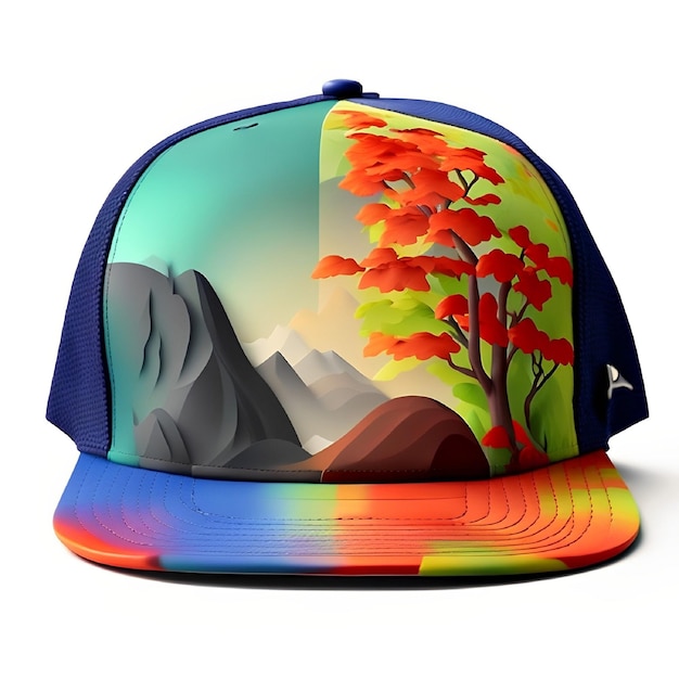 A rainbow colored hat with a black band on the front.