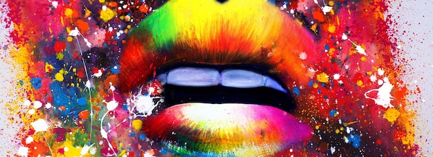 A rainbow colored lip with teeth showing