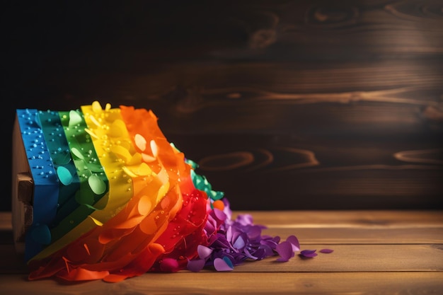 A rainbow colored party decoration with a flower on the top.