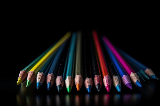 Rainbow colored pencils on black background vibrant creativity generative IA