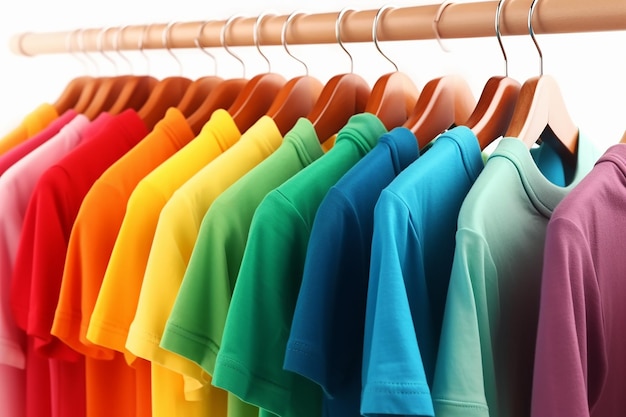 A rainbow colored shirt is hanging on a rack.