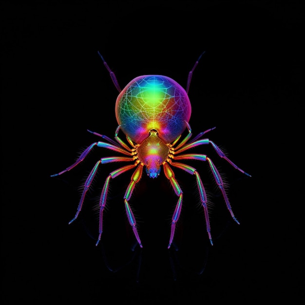 A rainbow colored spider is on a black background