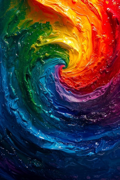 Rainbow colored spiral forms in pool of paint