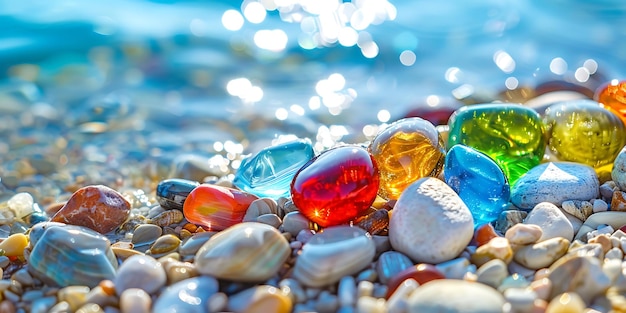 a rainbow colored stone sits on a beach with the name l