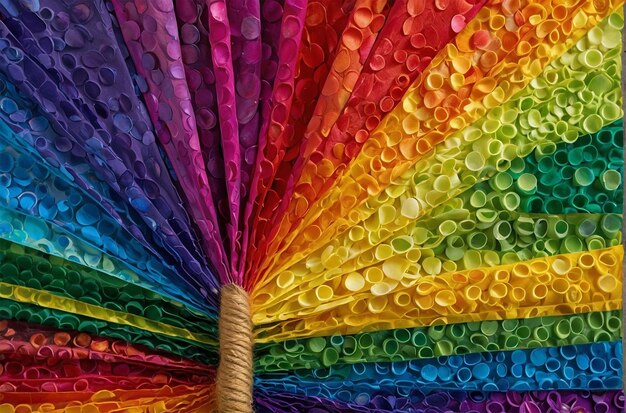 a rainbow colored umbrella is decorated with many colored plastic bottles