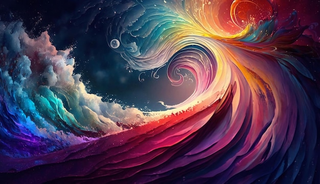 A rainbow colored wave is being created by the artist.