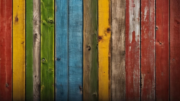 Rainbow colored wooden fence with knot in the wood