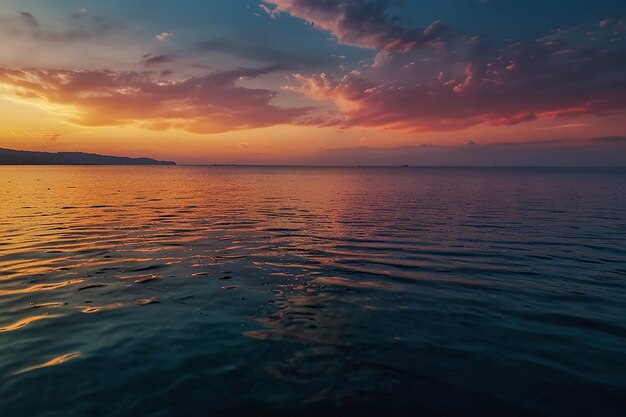 Photo rainbow colorful sunset on blue pink sky yellow clouds skyline water sea reflection beautiful landscape summer nature