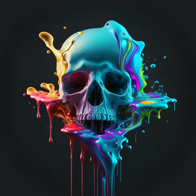 Rainbow colors melting effect skull on dark background