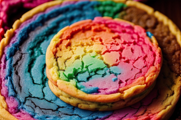 Rainbow cookies are arranged on a plate with a circle in the middle.