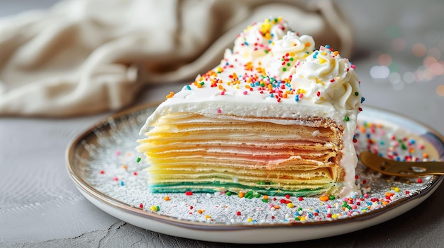 Rainbow crepe cake with whipped cream and colorful sprinkles placed on a minimalist ceramic plate