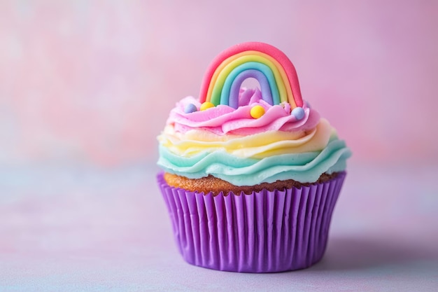 Photo rainbow cupcake with purple liner on pink background