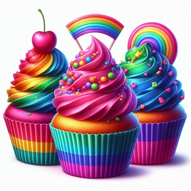 Photo a rainbow cupcake with rainbow colored icing and rainbows