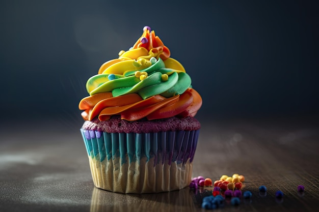 Rainbow cupcake with sprinkles on wooden table Ai generative