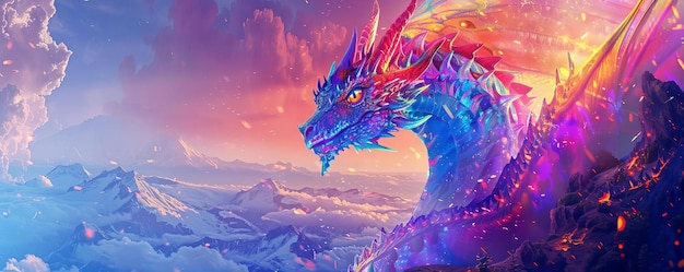 Rainbow Dragon Focus on a rainbowcolored dragon with a magical mountain background empty space left for text