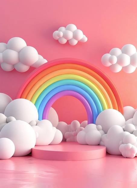 A rainbow encircled by white clouds against a pink backdrop