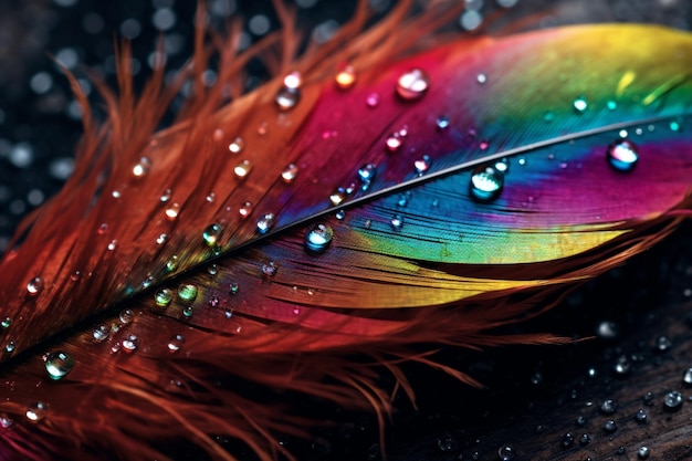 Rainbow Feather CloseUp with DewDropped Abstract Texture